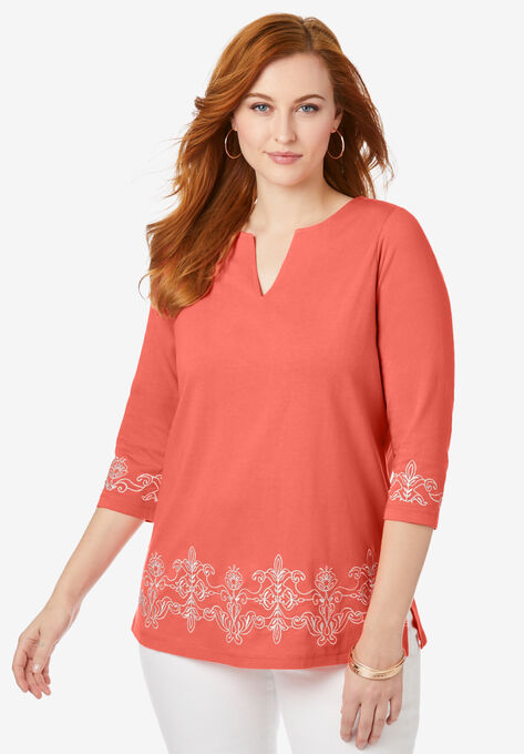 Embroidered Notch Neck Tunic, DUSTY CORAL EMBROIDERY, hi-res image number null