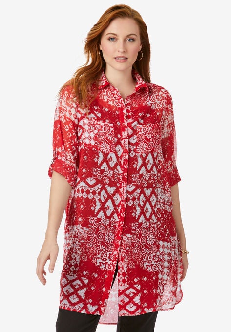 Sheer Georgette Mega Tunic, VIVID RED PATCHWORK, hi-res image number null