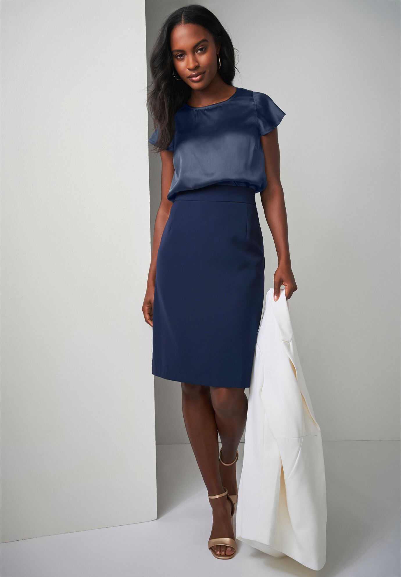 Tummy Control Bi-Stretch Pencil Skirt, NAVY, alternate image number 2