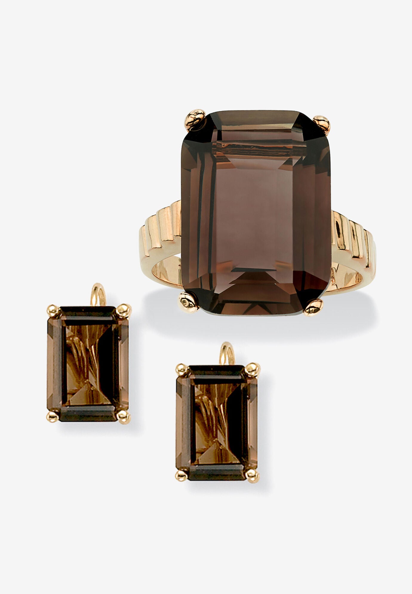 Yellow Gold-Plated Genuine Smoky Quartz Ring and Earring Set, GOLD, hi-res image number 0