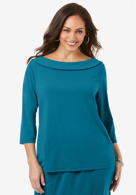 Fold-Over Boatneck Top, DEEP TEAL, hi-res image number null