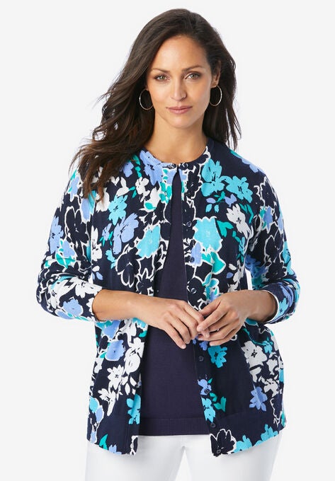 Fine Gauge Cardigan, OCEAN FLOWER, hi-res image number null