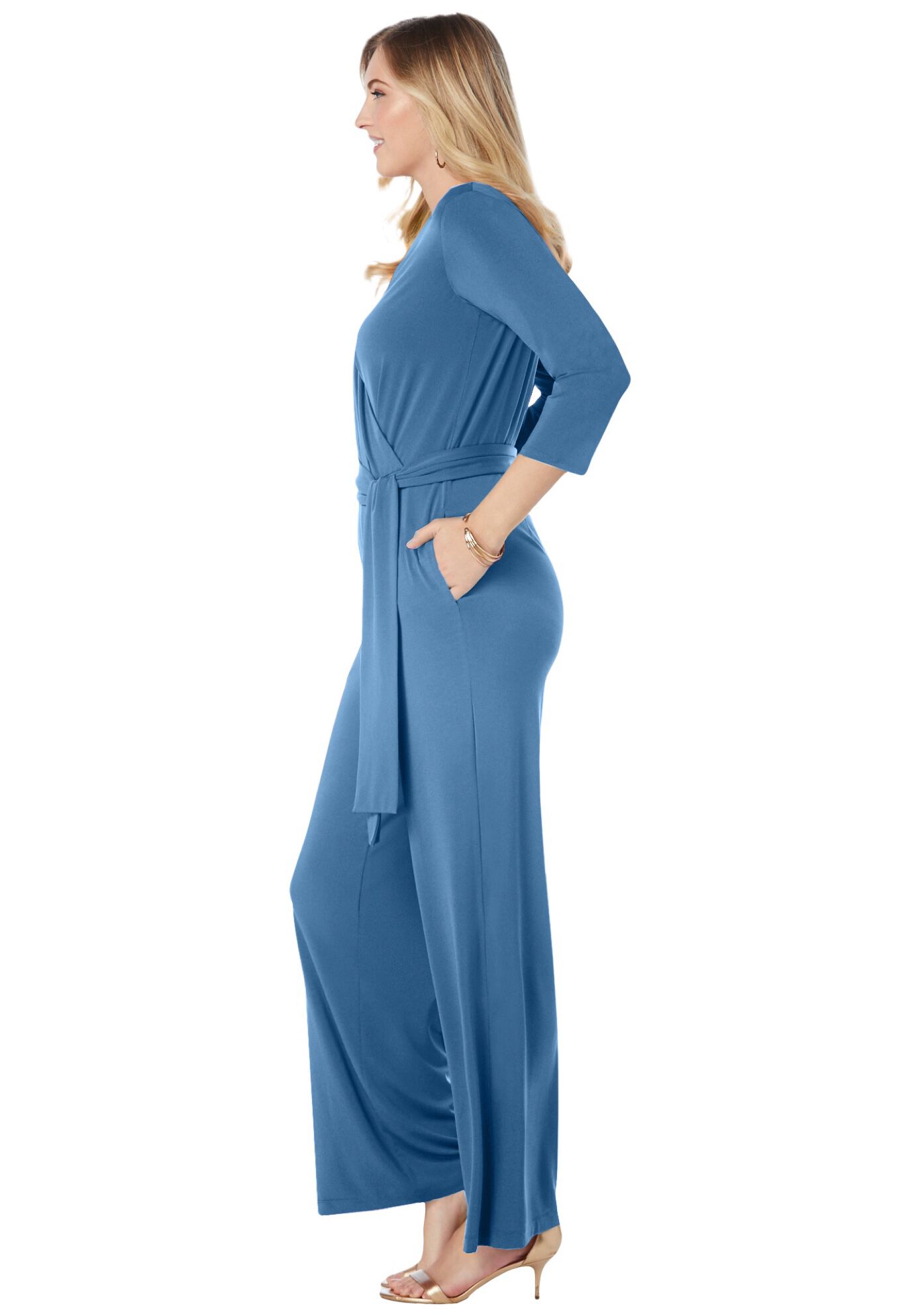 Wide Leg Knit Jumpsuit, DUSTY INDIGO, alternate image number 2