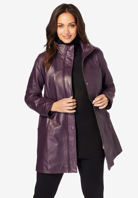 A-Line Zip Front Leather Jacket, DARK BERRY, hi-res image number null