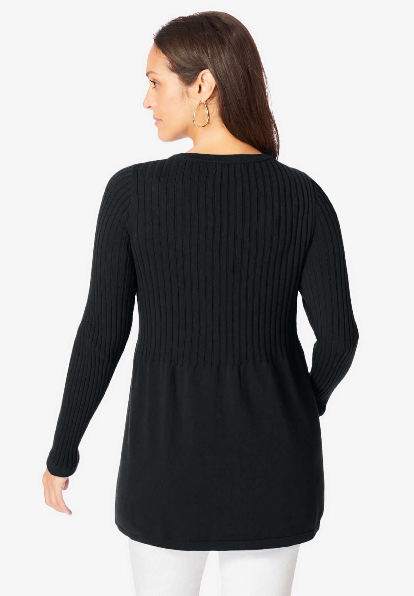 Ribbed Baby Doll Tunic Sweater, BLACK, alternate image number 2