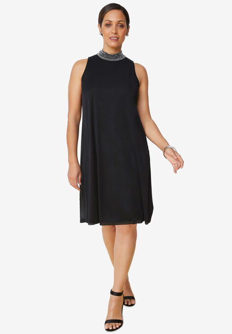 Beaded Mockneck Trapeze Dress, BLACK, hi-res image number null
