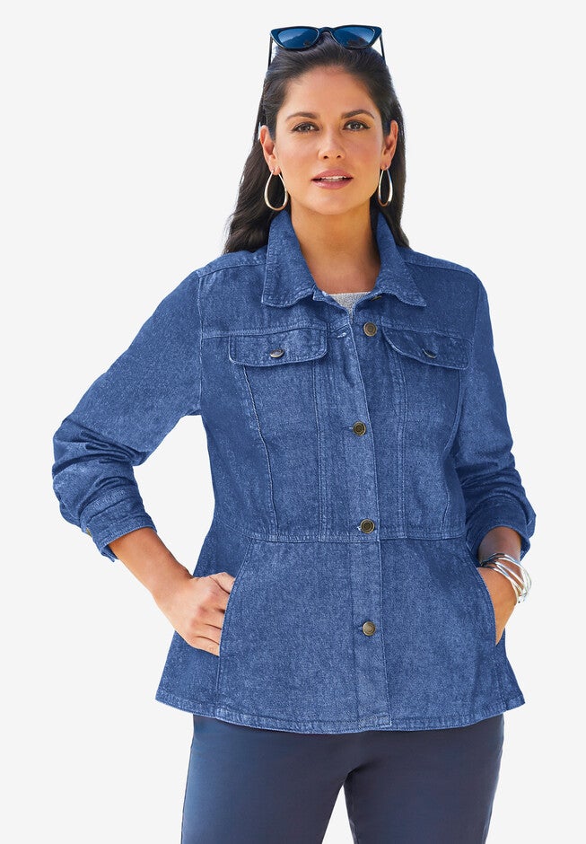 Peplum Denim Jacket, MEDIUM STONEWASH, hi-res image number null