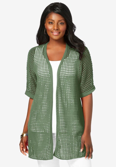 Crochet Long Cardigan, OLIVE DRAB, hi-res image number null