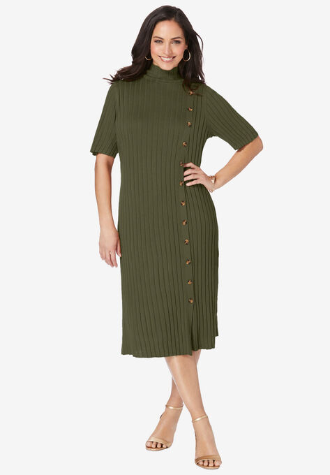 Button Front Sweater Dress, DARK OLIVE GREEN, hi-res image number null