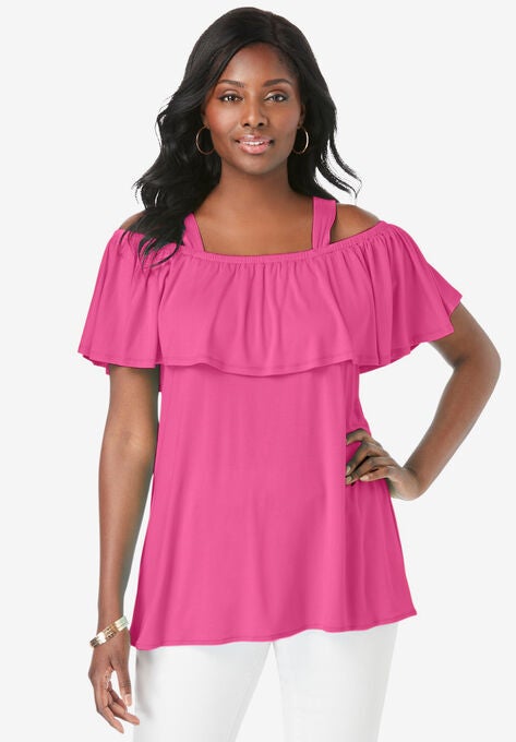 Cold Shoulder Ruffle Tunic, ROYAL ROSE, hi-res image number null