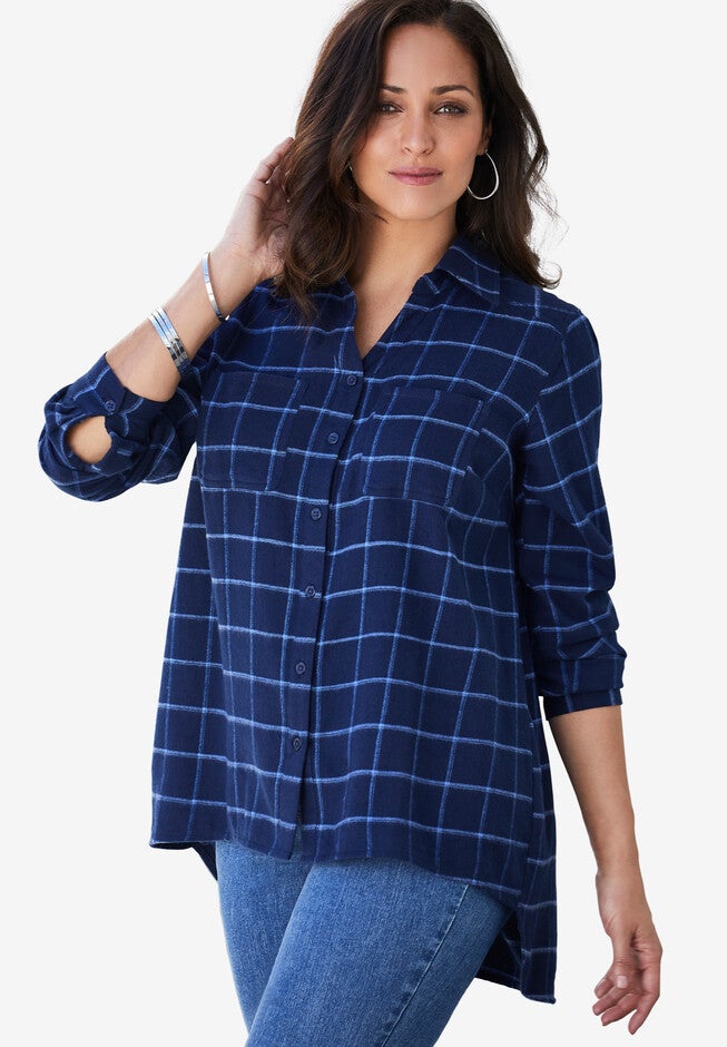 Long Sleeve Flannel Shirt, NAVY BI WINDOWPANE, hi-res image number null