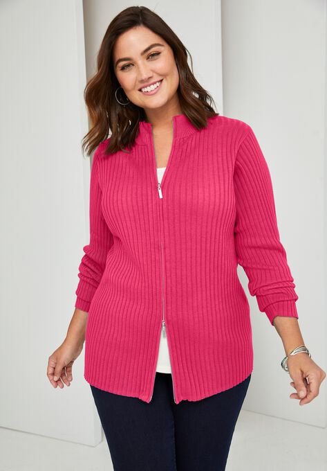 Ribbed Zipper Cardigan, , alternate image number null