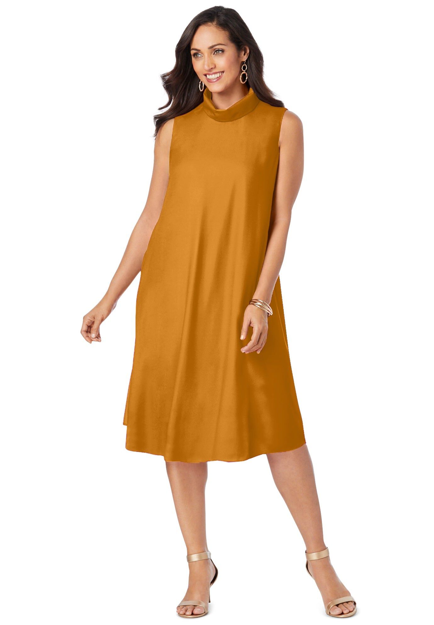 Georgette Mock Neck Dress, RICH GOLD, hi-res image number 0