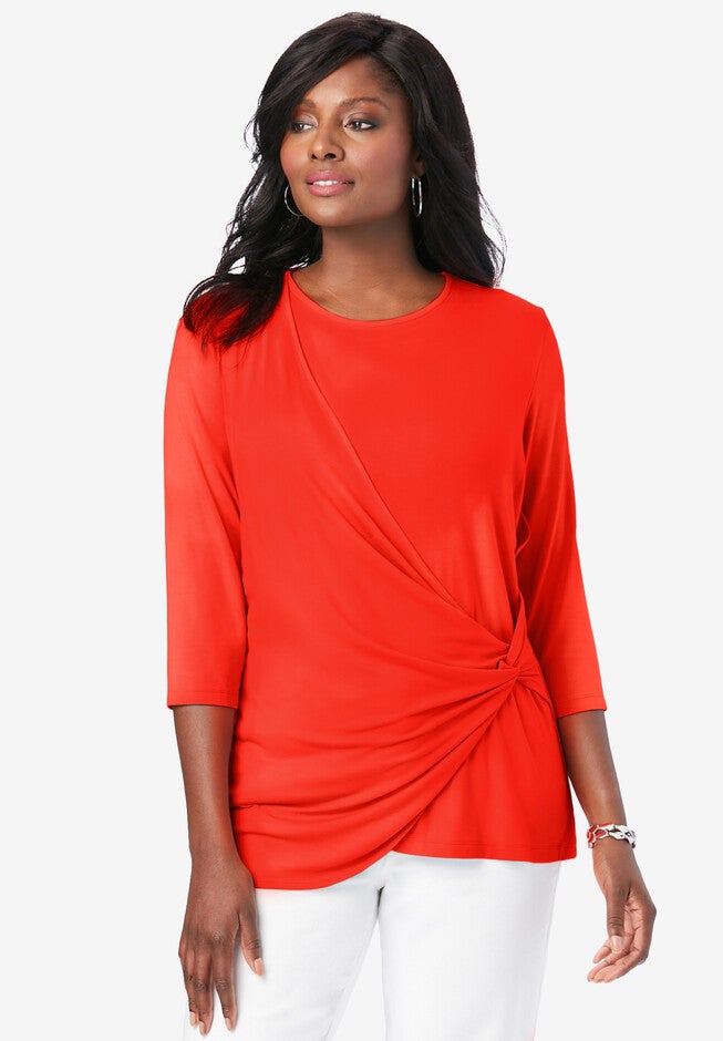 Everyday Knit Side Knot Tee, ELECTRIC ORANGE, hi-res image number 0