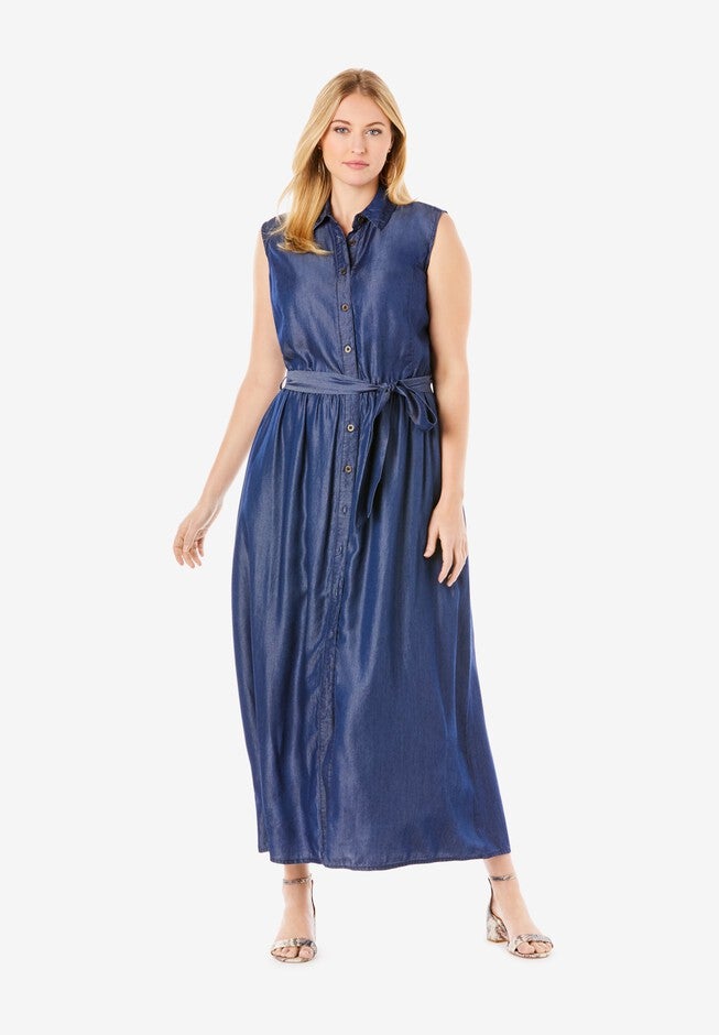 Soft Denim Fit & Flare Maxi Dress, DARK INDIGO, hi-res image number 0