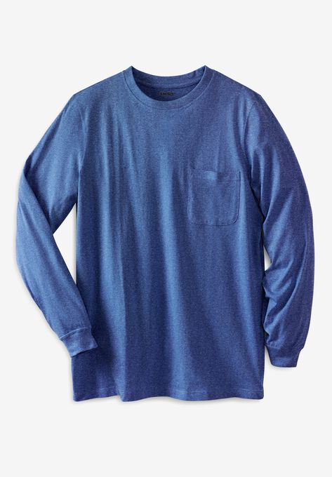Shrink-Less™ Lightweight Long-Sleeve Crewneck Pocket T-Shirt, HEATHER NAVY, hi-res image number null