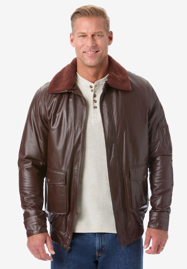 Leather Flight Bomber Jacket, BROWN, hi-res image number null