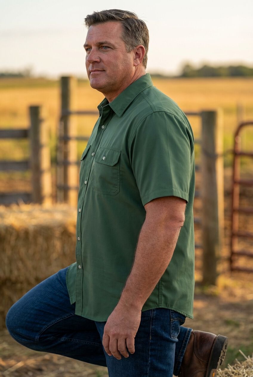 Short Sleeve Denim and Twill Shirt, FOREST GREEN, alternate image number 2