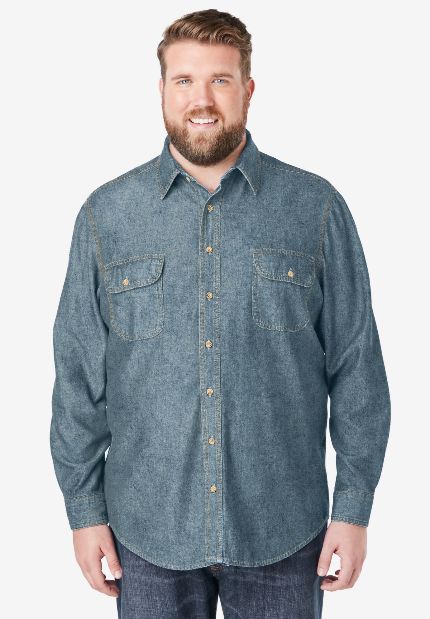 Long Sleeve Denim and Twill Shirt, LIGHT WASH, on-hover image number 1