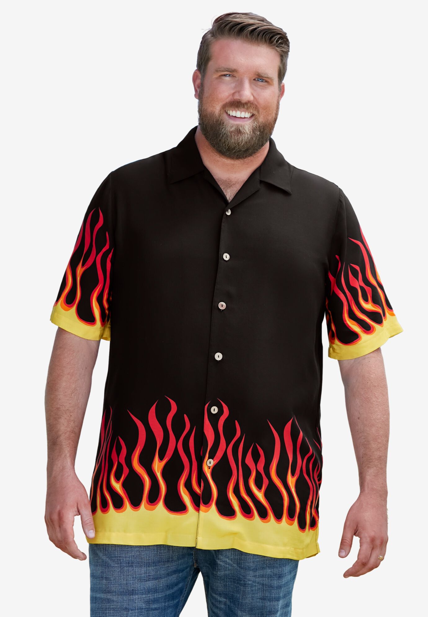 Printed Camp Shirt, FLAMES, on-hover image number 1