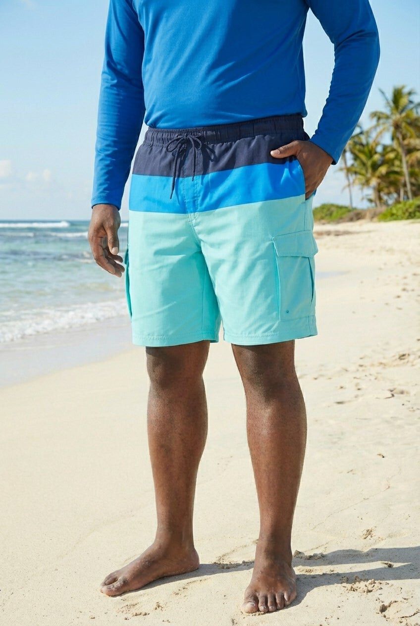 8 inches Printed Cargo Swim Trunks, BLUE AQUA COLORBLOCK, hi-res image number 0