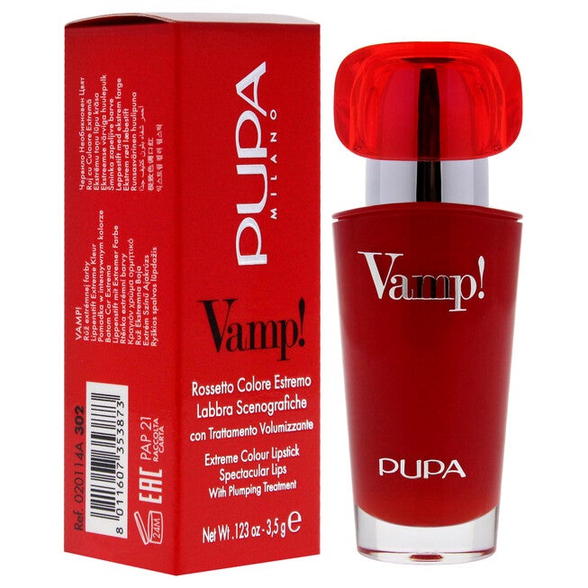 Vamp! Extreme Colour Lipstick with Plumping Treatment - 302 Ruby Red by Pupa Milano for Women - 0.123 oz Lipstick, NA, alternate image number null