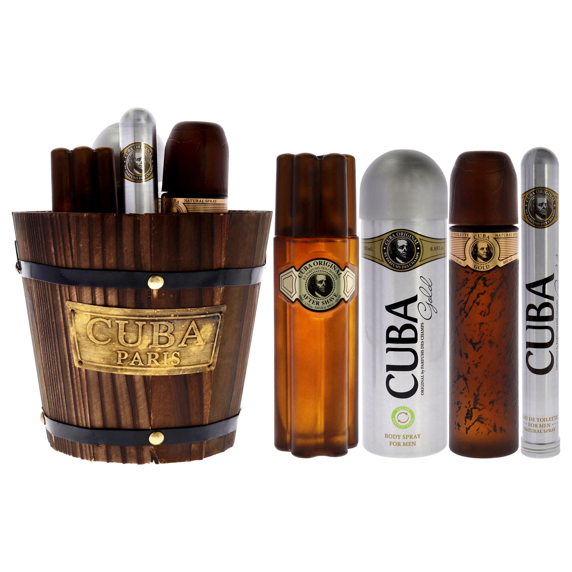Cuba Gold by Cuba for Men - 4 Pc Gift Set 3.3oz EDT Spray, 1.17oz EDT Spray, 6.6oz Deodorant Spray, 3.3oz After Shave, Buckett, See Description, hi-res image number 0