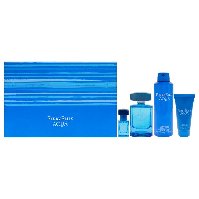Perry Ellis Aqua by Perry Ellis for Men - 4 Pc Gift Set 3.4oz EDT Spray, 0.25oz EDT Spray, 6oz Deodorizing Body Spray, 1.7oz Shower Gel, NA, hi-res image number null