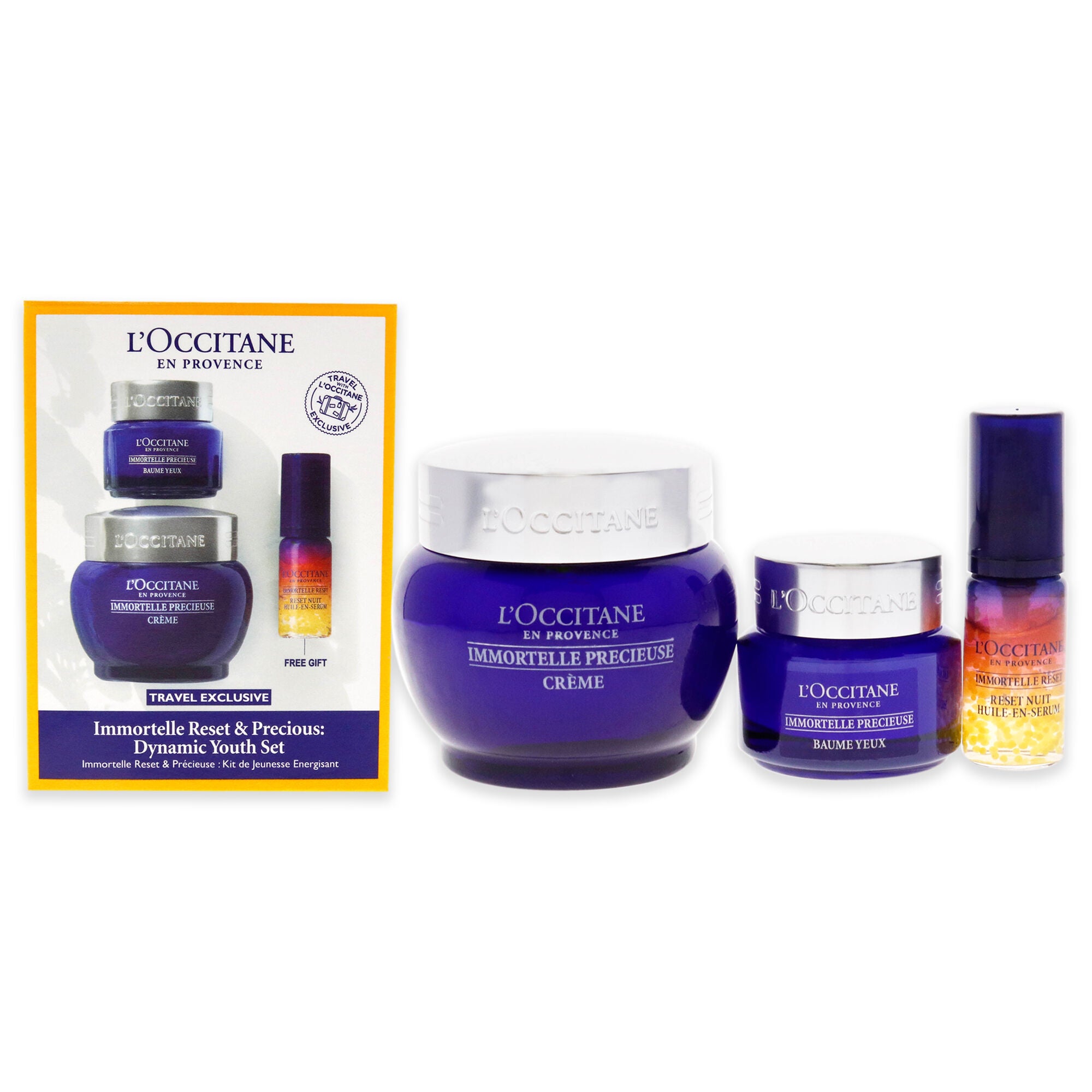 "Immortelle Reset and Precious Dynamic Youth Set by LOccitane for Unisex - 3 Pc 0.16oz Overnight Reset Oil-In-Serum, 0.5oz Eye Balm, 1.7oz Cream", See Description, hi-res image number 0