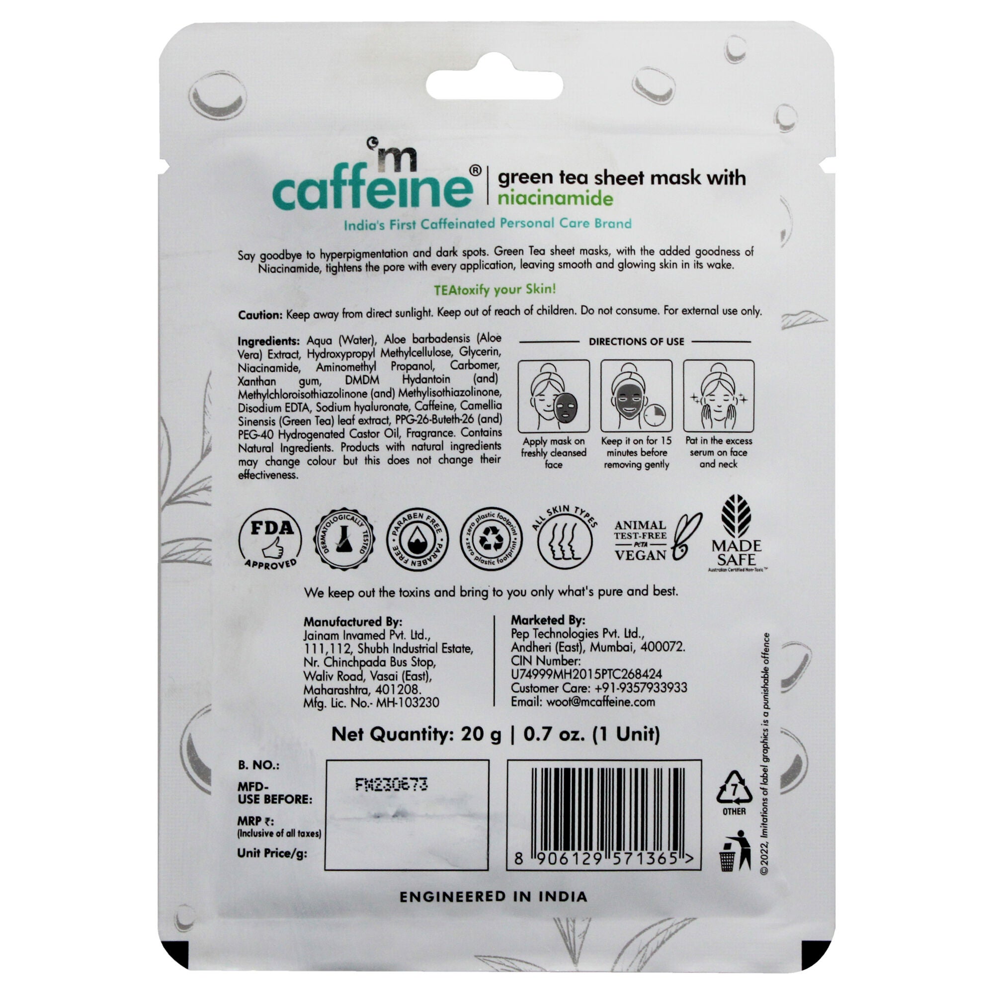 Green Tea Sheet Mask with Niacinamide by mCaffeine for Unisex - 0.7 oz Mask, See Description, alternate image number 2