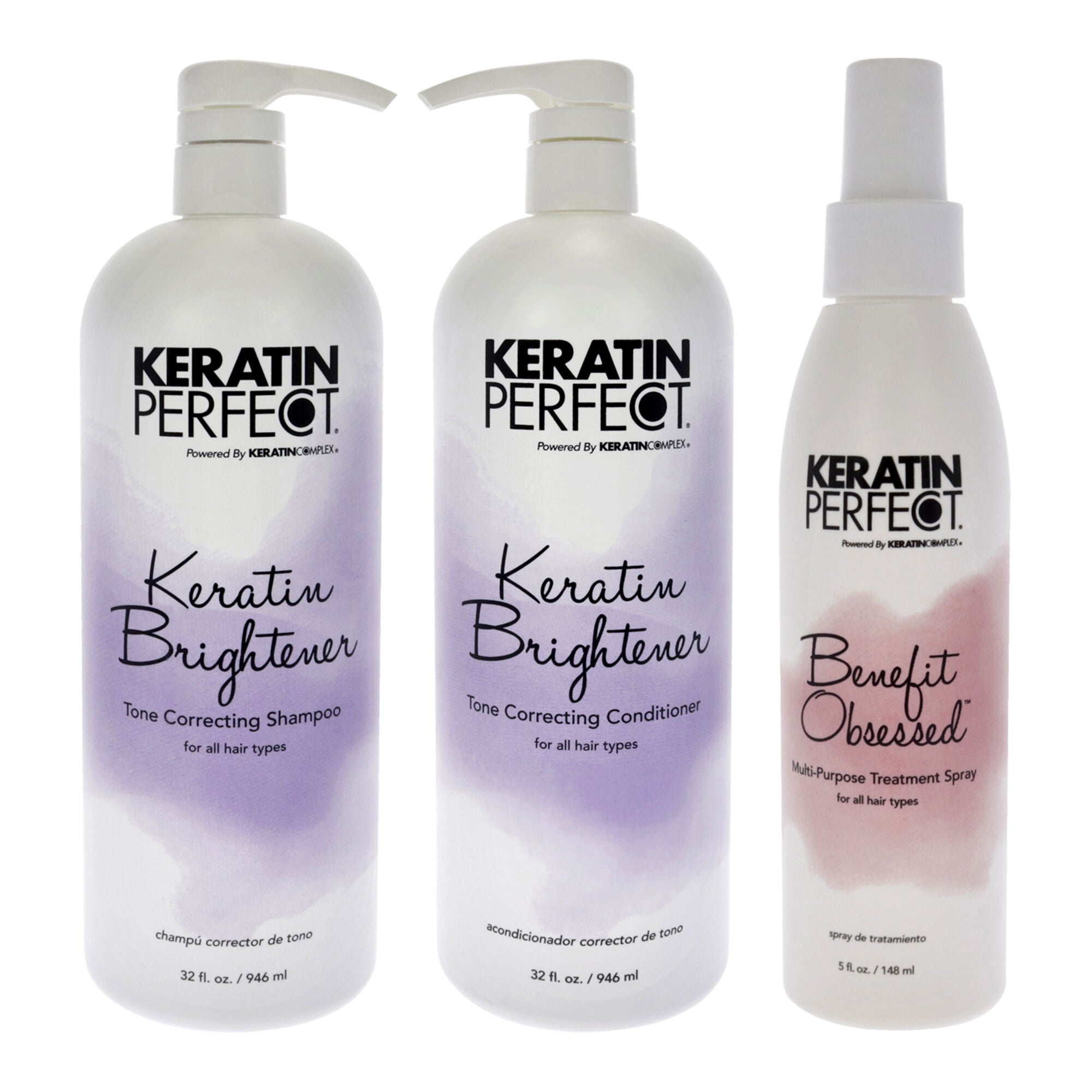 Keratin Brightener Kit by Keratin Perfect for Unisex - 3 Pc 32 oz Shampoo, 32oz Conditioner, 5.7oz Benefit Obsessed Treatment, See Description, hi-res image number 0