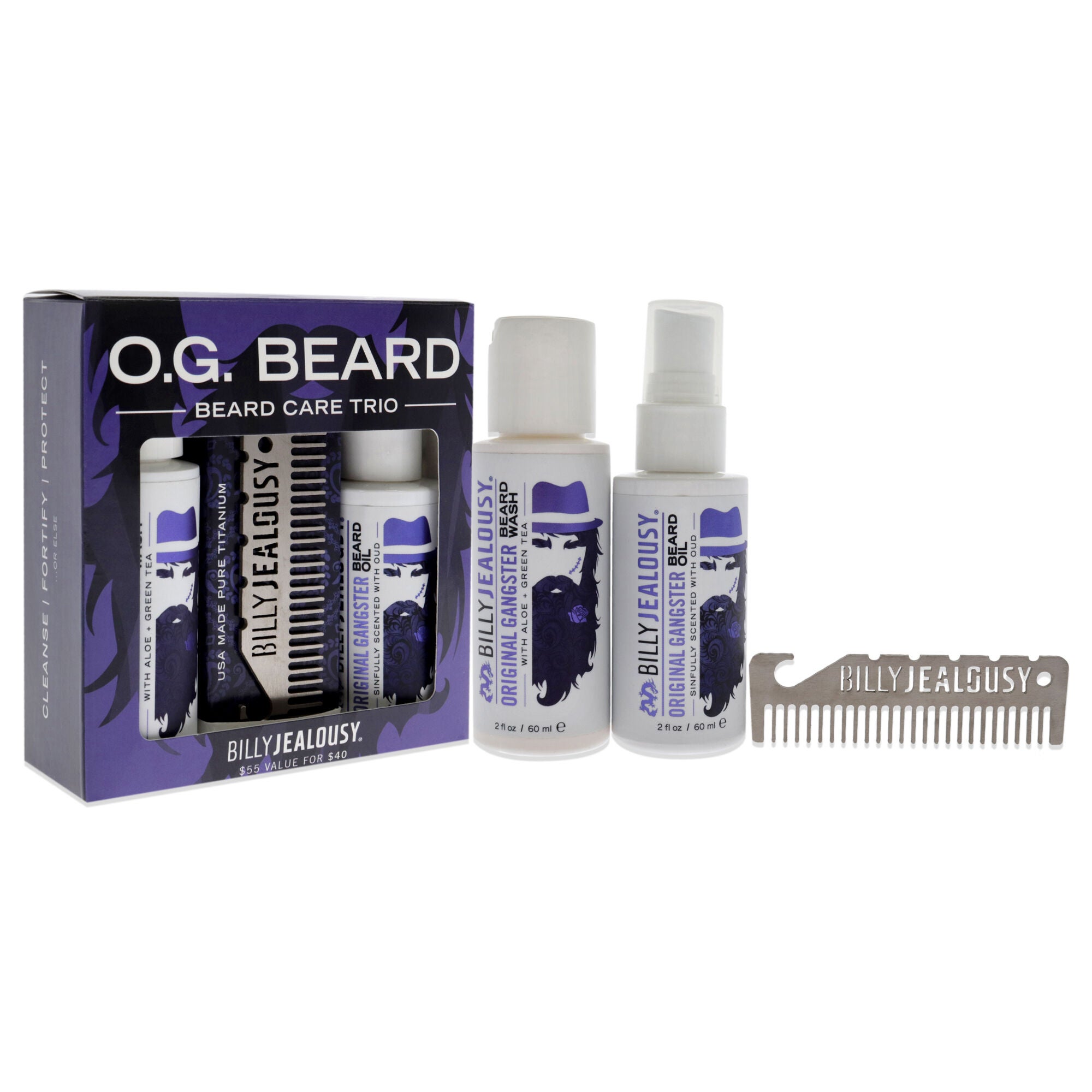 O.G. Beard Care Trio by Billy Jealousy for Men - 3 Pc 2oz Beard Wash, 2oz O.G Beard Oil, Titanium Comb, See Description, alternate image number 2