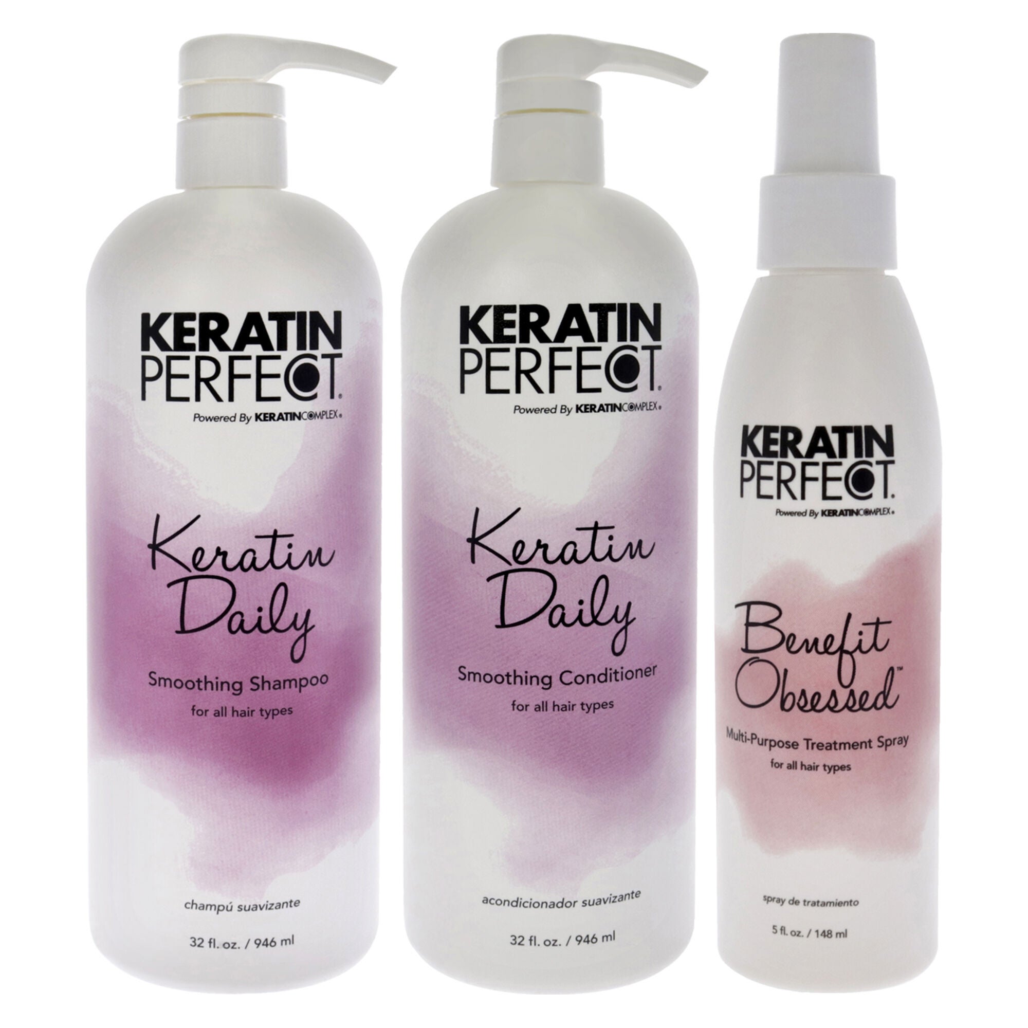 Keratin Daily Kit by Keratin Perfect for Unisex - 3 Pc Kit 32oz Shampoo, 32oz Conditioner, 5oz Benefit Obsessed Treatment Spray, See Description, hi-res image number 0