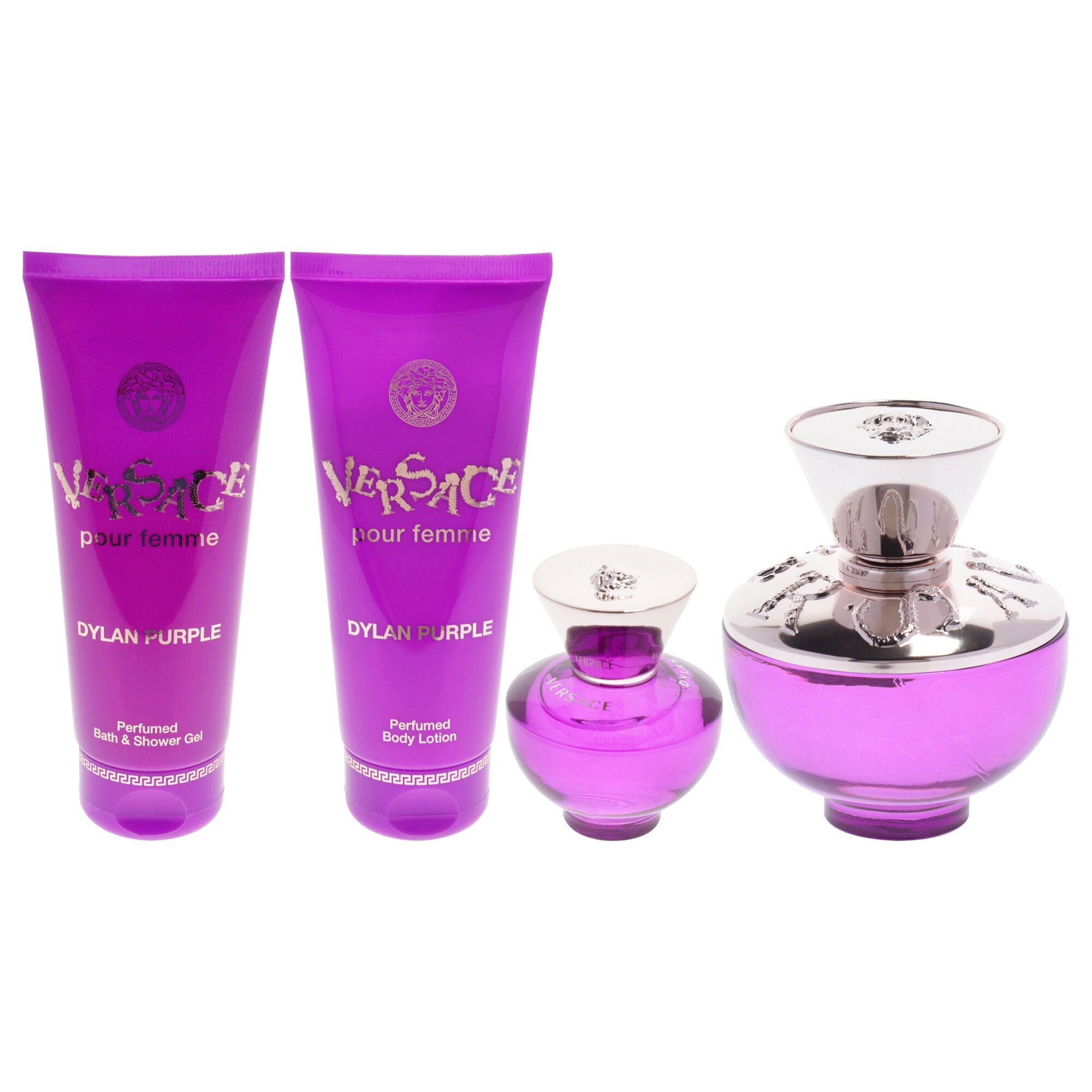 Dylan Purple by Versace for Women - 4 Pc Gift Set 3.4oz EDP Spray, 0.17oz EDP Spray Mini, 3.4oz Shower Gel, 3.4oz Body Lotion, See Description, alternate image number 1