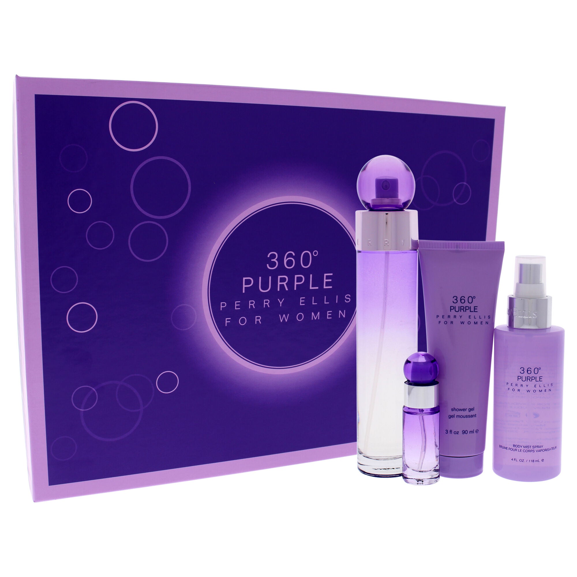 360 Purple by Perry Ellis for Women - 4 Pc Gift Set 3.4oz EDP Spray, 7.5ml EDP Mini Spray, 4oz Body Mist, 3oz Shower Gel, See Description, hi-res image number 0