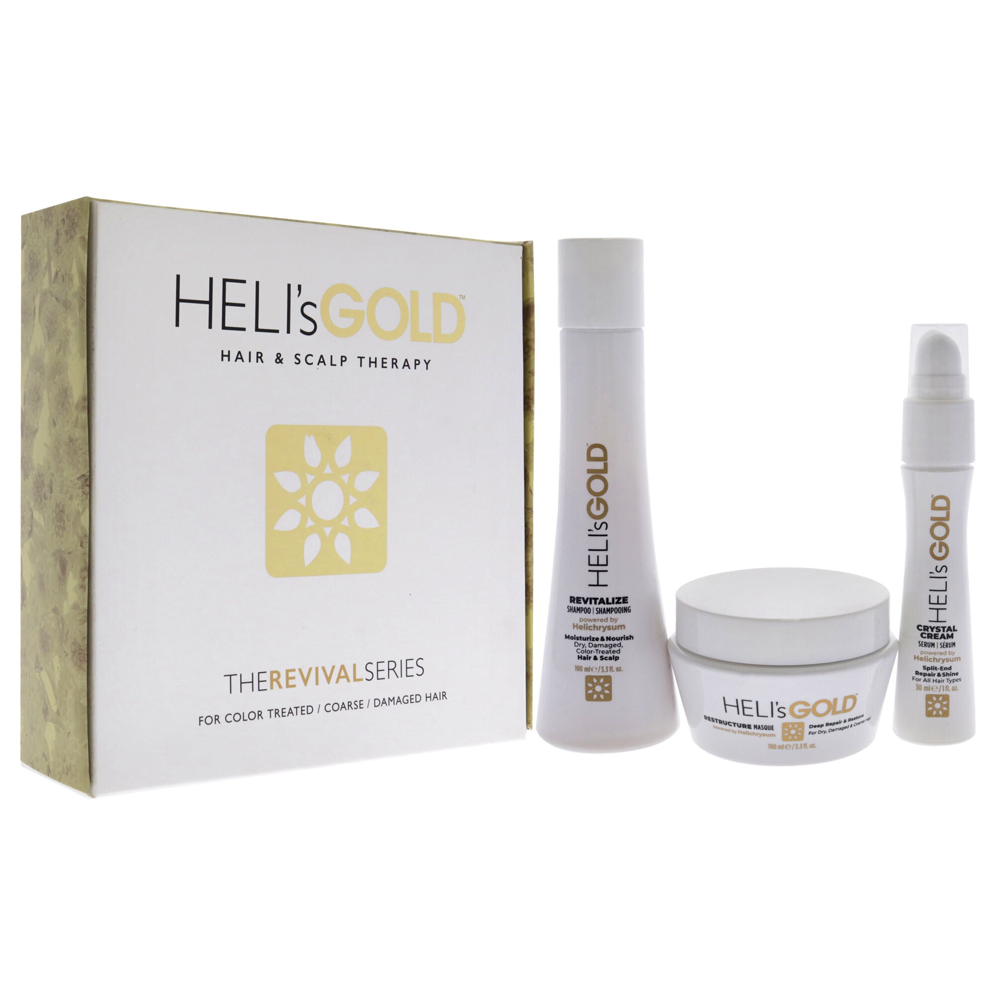 The Revival Series Travel Kit by Helis Gold for Unisex - 3 Pc 3.3oz Revitalize Shampoo, 3.3oz Restructure Masque, 1oz Crystal Cream, See Description, alternate image number 2