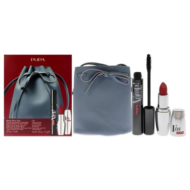 Vamp! All In One and I Am Set by Pupa Milano for Women - 3 Pc 0.30oz amp! All In One Mascara - 101 Black, 0.123oz Lipstick - 303, Bucket Bag, NA, hi-res image number null
