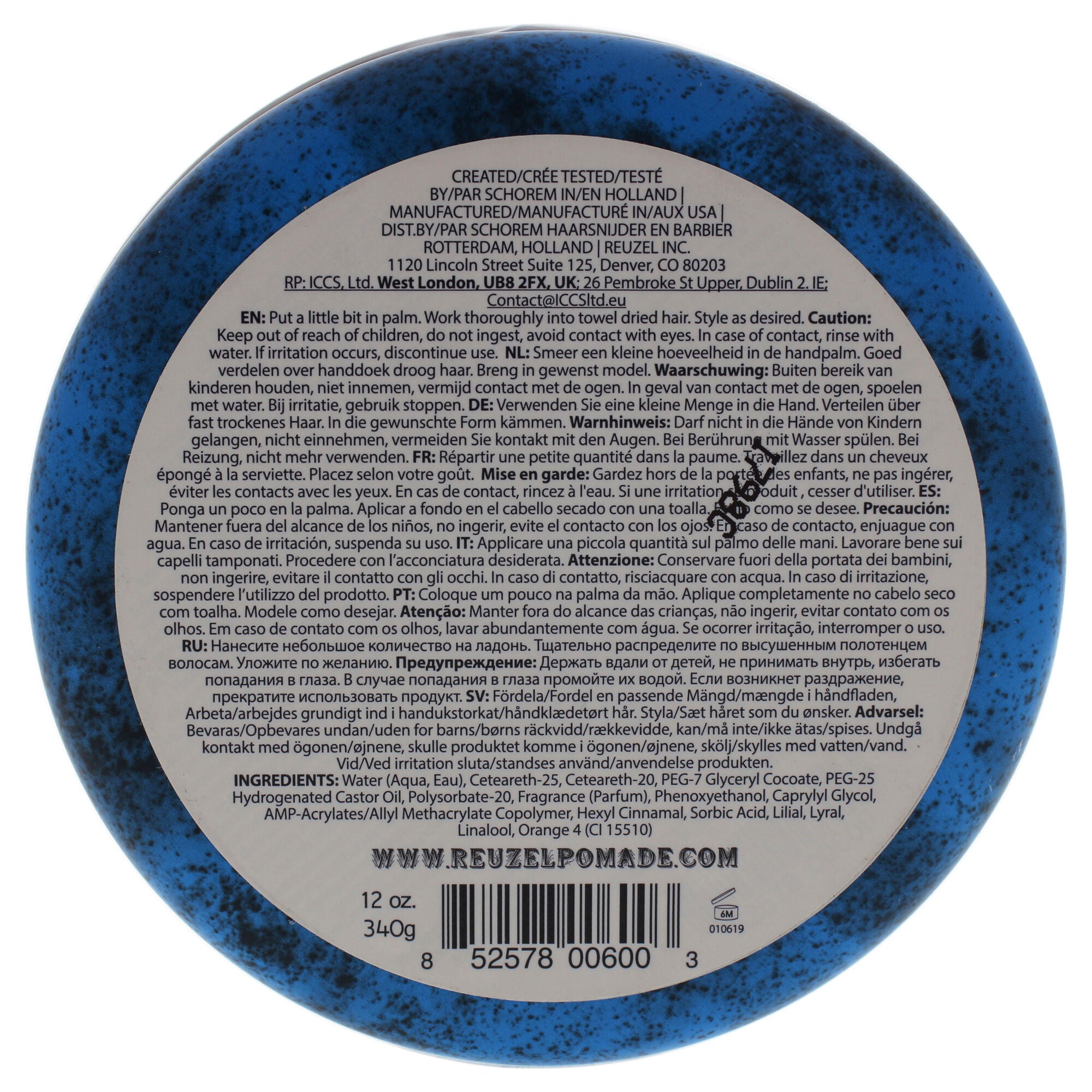 Blue Strong Hold Water Soluble Pomade by Reuzel for Men - 12 oz Pomade, See Description, alternate image number 2