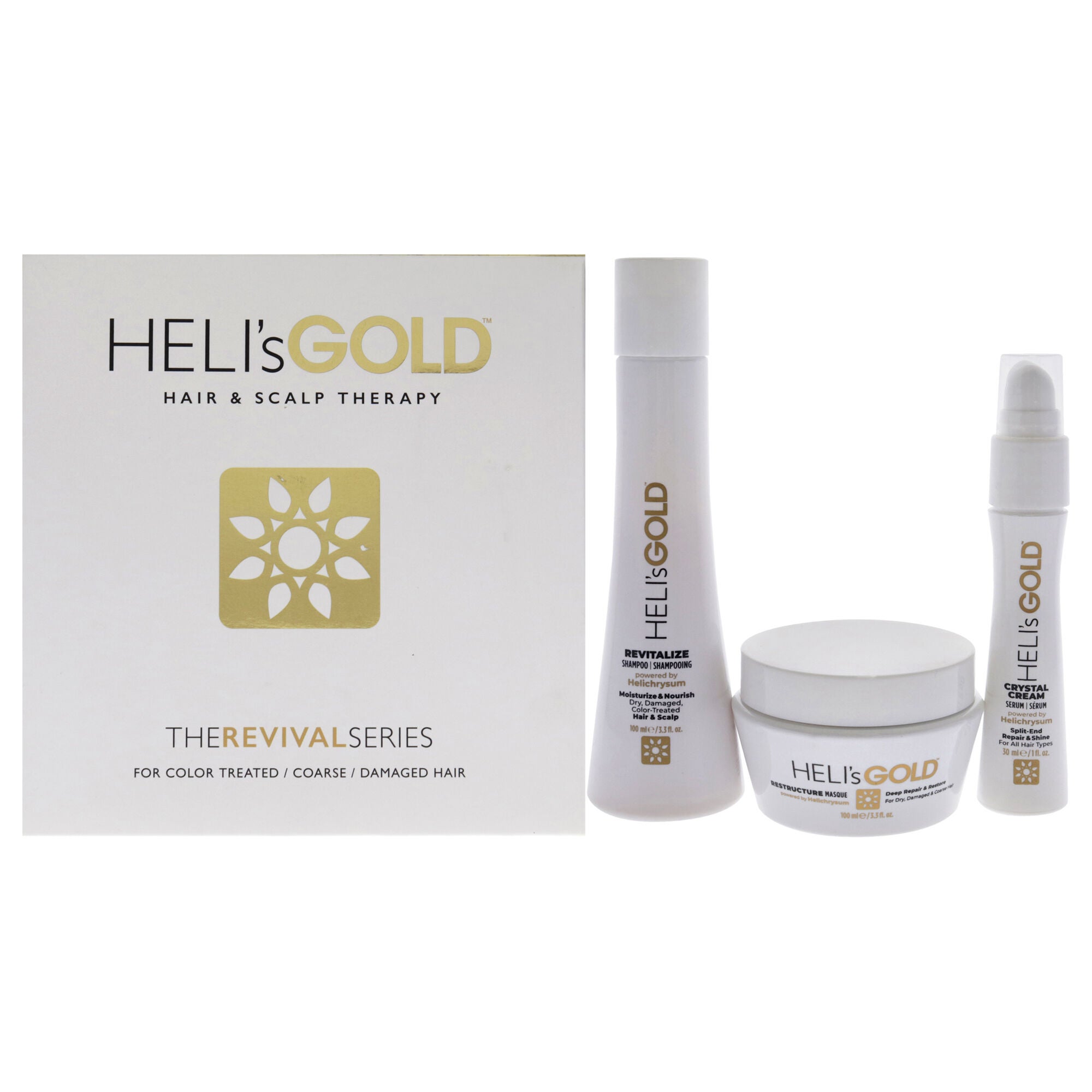 The Revival Series Travel Kit by Helis Gold for Unisex - 3 Pc 3.3oz Revitalize Shampoo, 3.3oz Restructure Masque, 1oz Crystal Cream, See Description, hi-res image number 0