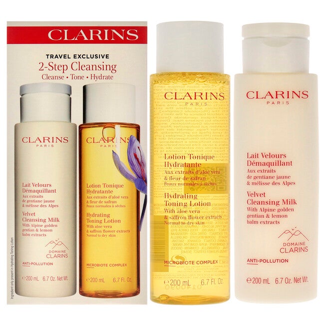 2 Step Cleansing Kit by Clarins for Women - 2 Pc 6.7oz Velvet Cleansing Milk, 6.7oz Hydrating Toning Lotion, NA, hi-res image number null