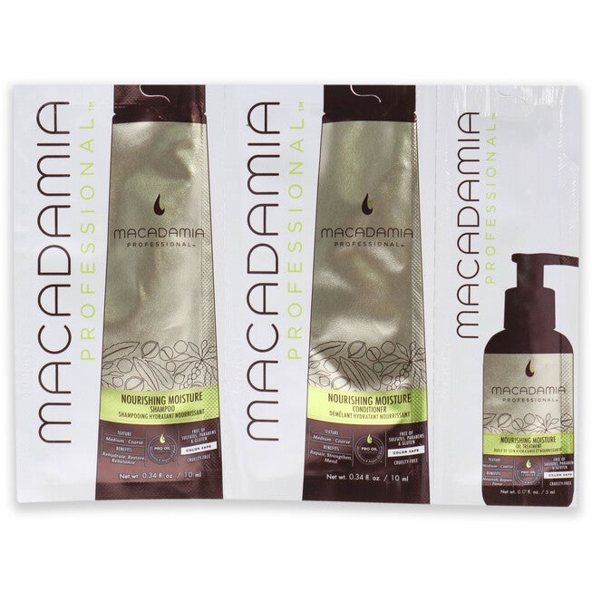 Professional Nourishing Moisture Set by Macadamia Oil for Unisex - 3 Pc Kit 0.34oz Shampoo, 0.34oz Conditioner, 0.17oz Oil Treatment, NA, hi-res image number null