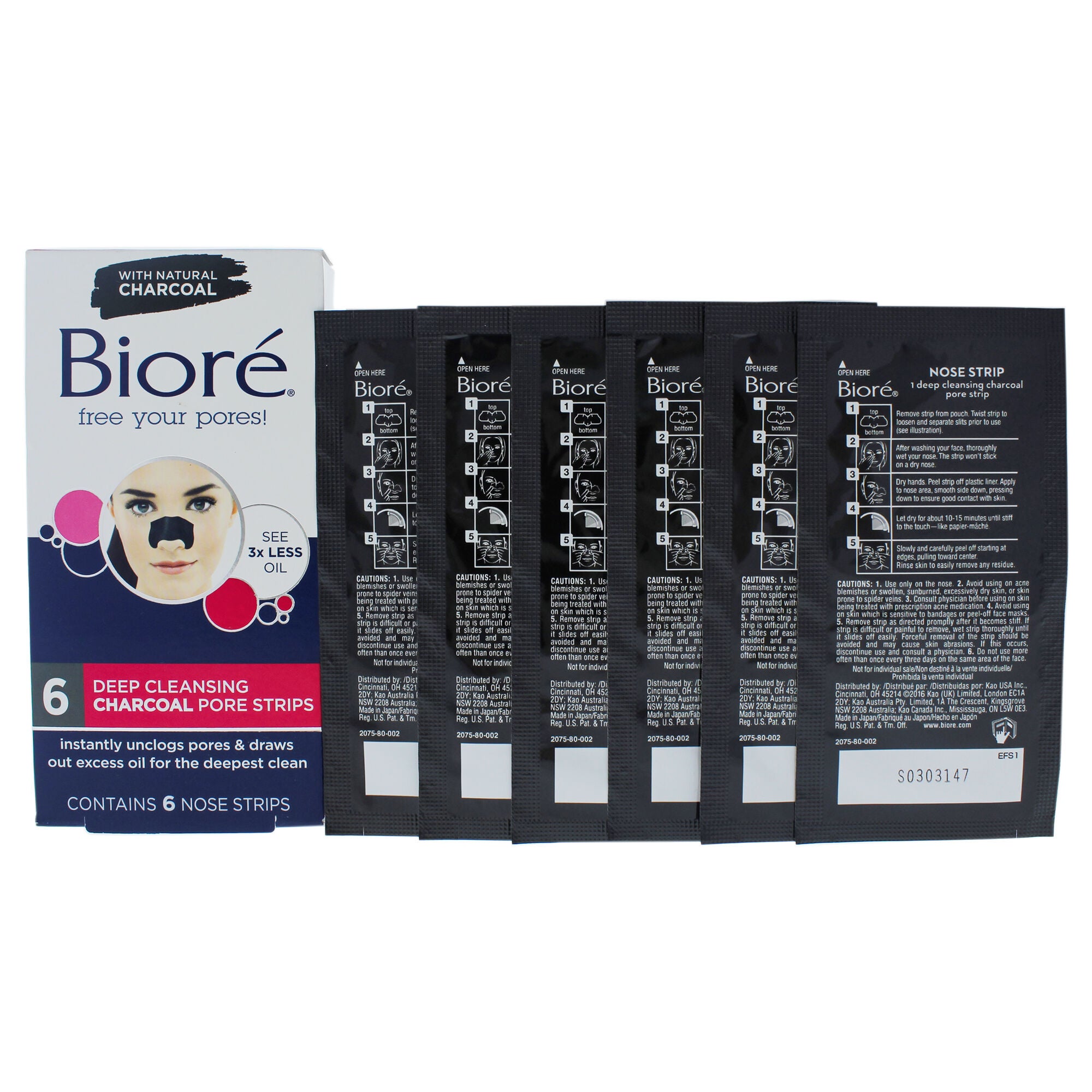 Deep Cleansing Charcoal Pore Strips by Biore for Unisex - 6 Pc Pore Strips, See Description, hi-res image number 0