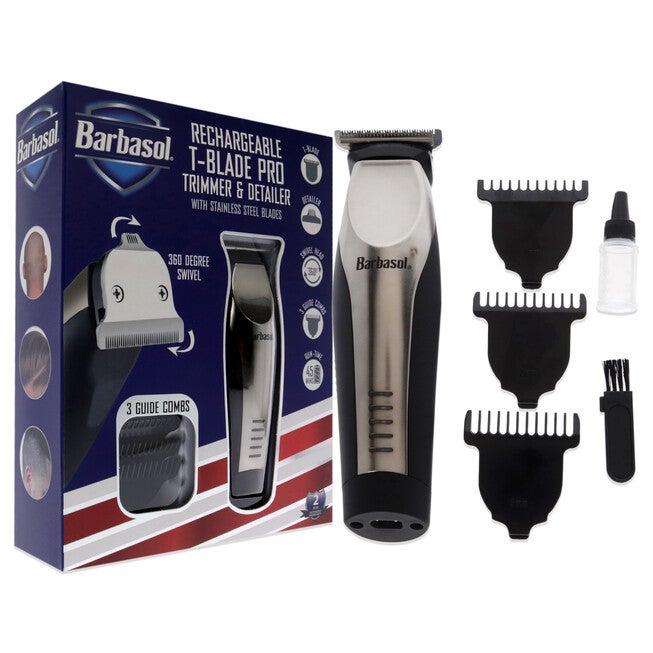 Rechargeable T-Blade Pro Trimmer and Detailer by Barbasol for Men - 8 Pc T-Blade, Trimmer, 3 Guide Combs, Detailer, Cleansing Brush, Oil, NA, alternate image number null