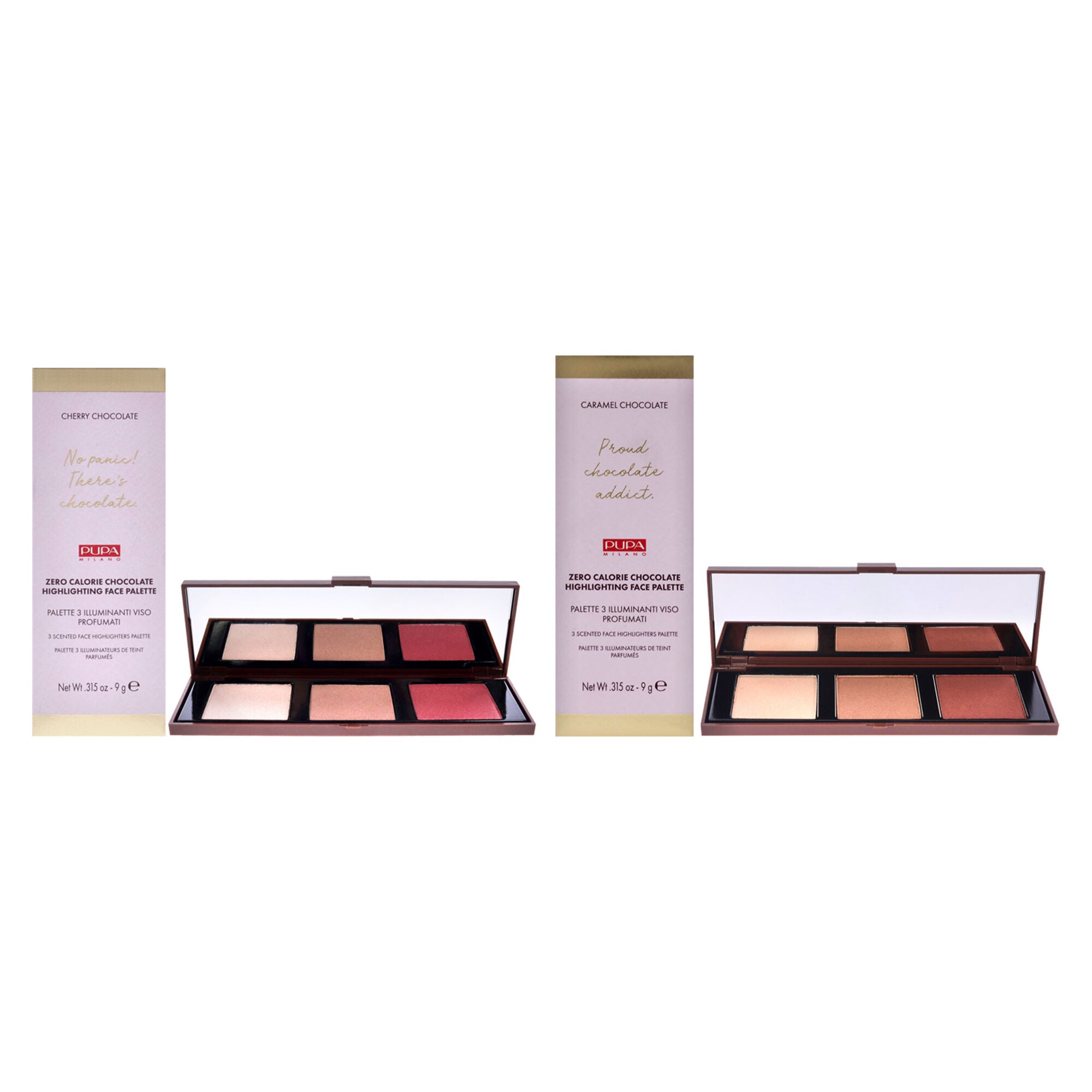 Zero Calorie Chocolate Highlighter Palette Kit by Pupa Milano for Women - 2 Pc Kit 0.315oz Highlighter - 001 Cherry Chocolate, 002 - Caramel Chocolate, See Description, hi-res image number 0