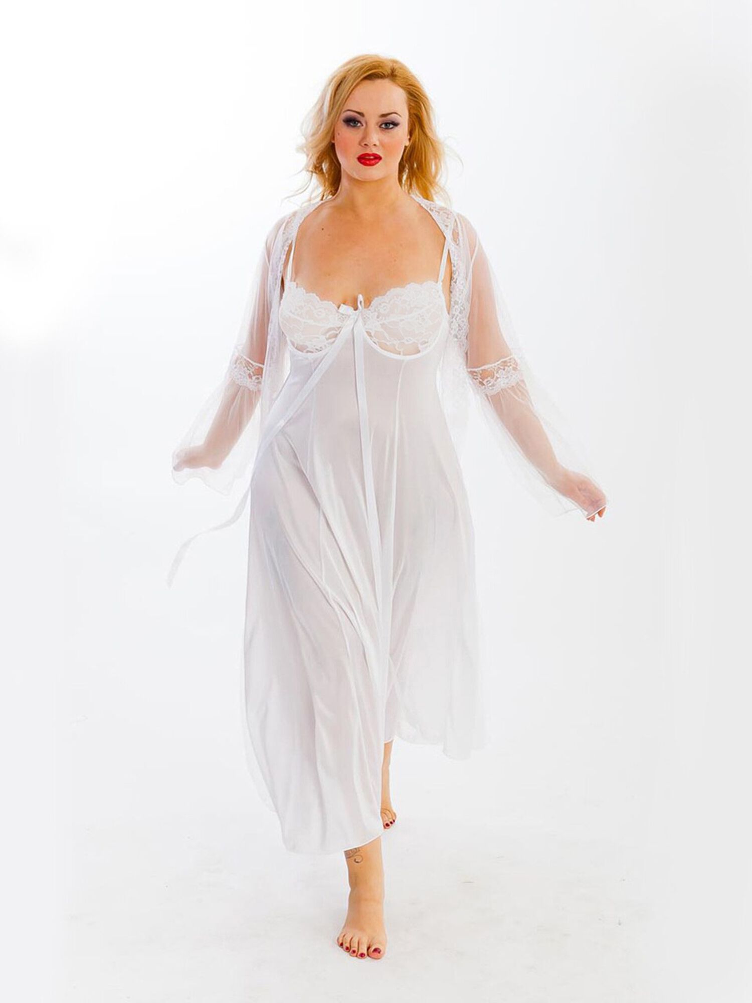 Long Gown Peignoir Set, White, hi-res image number 0
