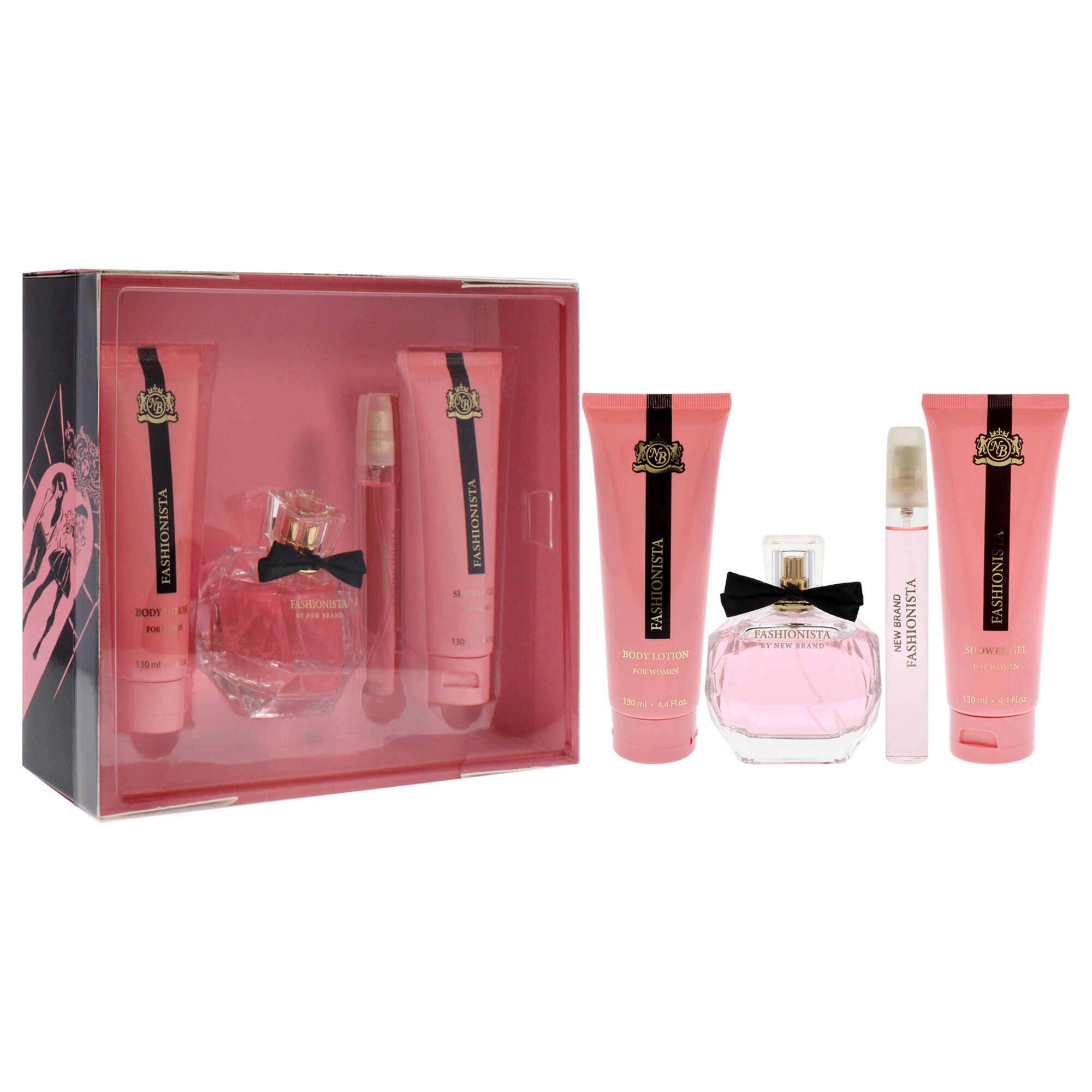 Prestige Fashionista by New Brand for Women - 4 Pc Gift Set 3.4oz EDP Spray, 0.5oz EDP Spray, 4.4oz Shower Gel, 4.4oz Body Lotion, See Description, alternate image number 1