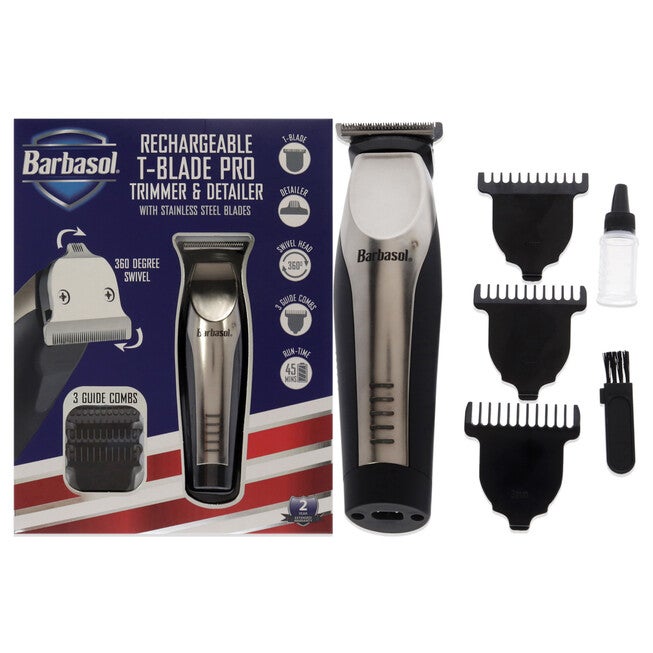 Rechargeable T-Blade Pro Trimmer and Detailer by Barbasol for Men - 8 Pc T-Blade, Trimmer, 3 Guide Combs, Detailer, Cleansing Brush, Oil, NA, hi-res image number null