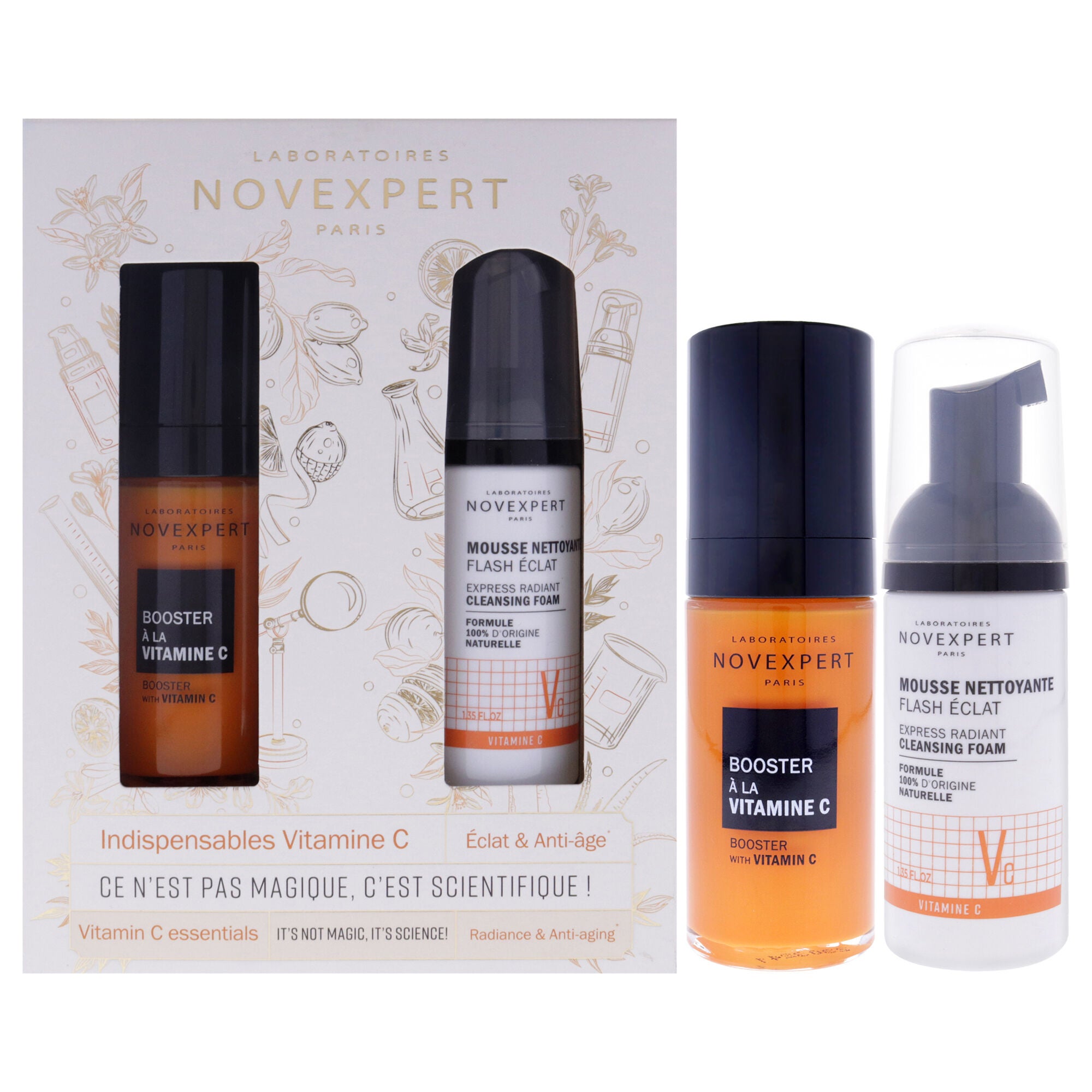 Vitamin C Essentials Set by Novexpert for Women - 2 Pc 1oz Boster with Vitamin C, 1.35oz Express Radiant Cleansing Foam, See Description, hi-res image number 0