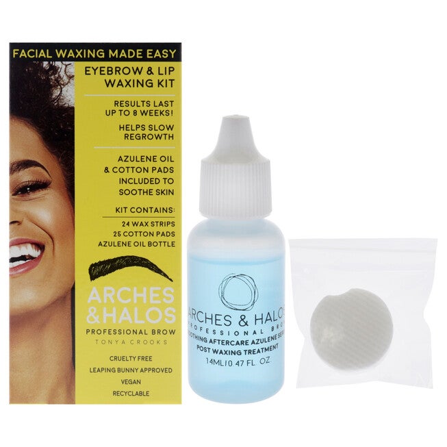 Eyebrow and Lip Waxing Kit by Arches and Halos for Women - 50 Pc 24 Wax Strips, 25 Cotton Pads, 0.47oz Azulene Oil, See Description, hi-res image number 0