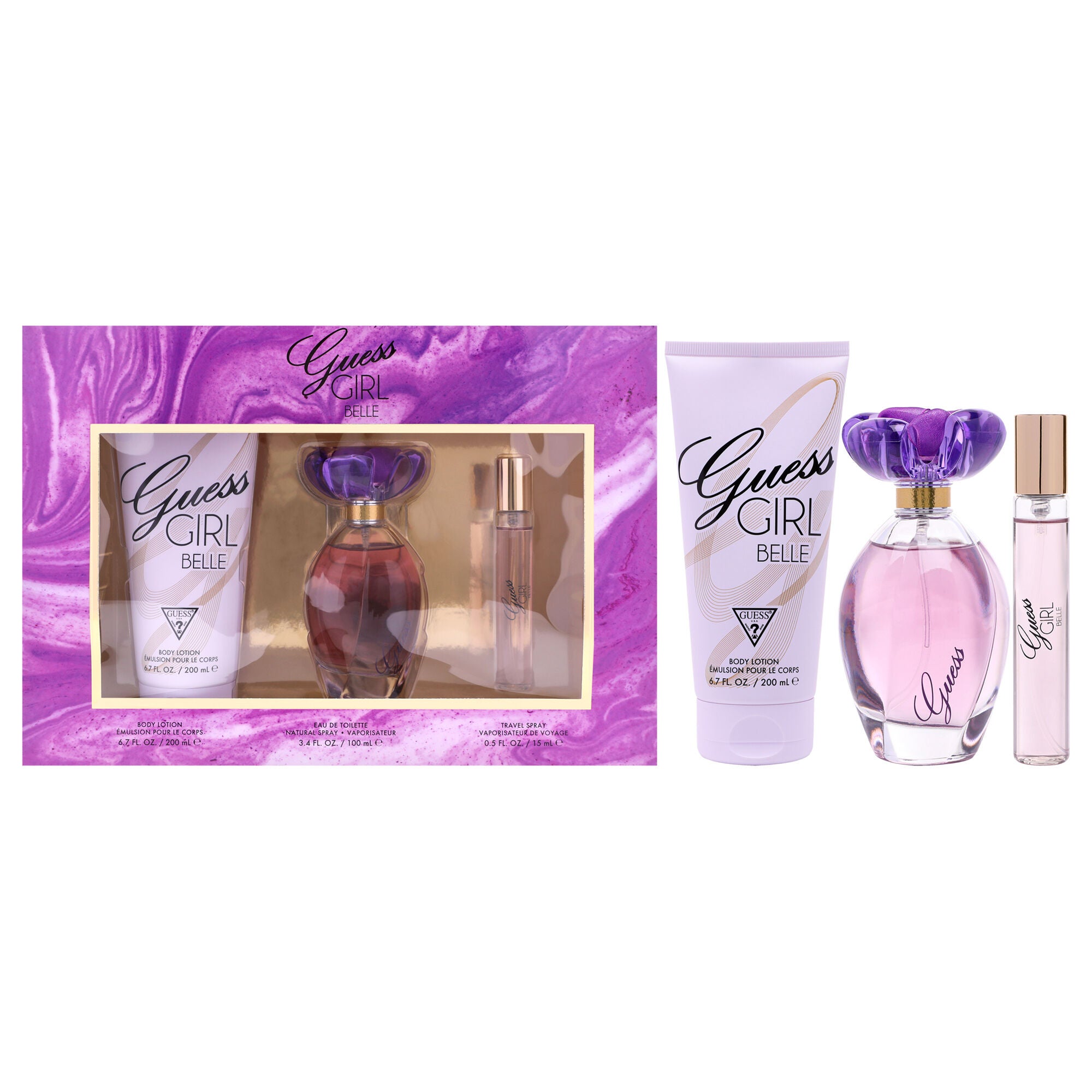 Guess Girl Belle by Guess for Women - 3 Pc Gift Set 3.4oz EDT Spray , 0.5oz EDT Travel Spray, 6.7oz Body Lotion, Clear, hi-res image number 0